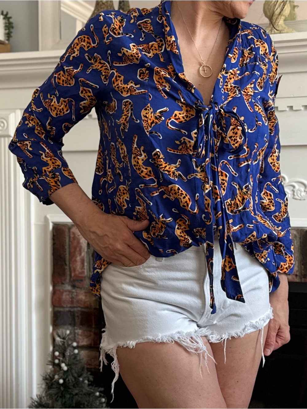 Anthropologie Royal Blue Leopard-Print Tie-Neck Blouse